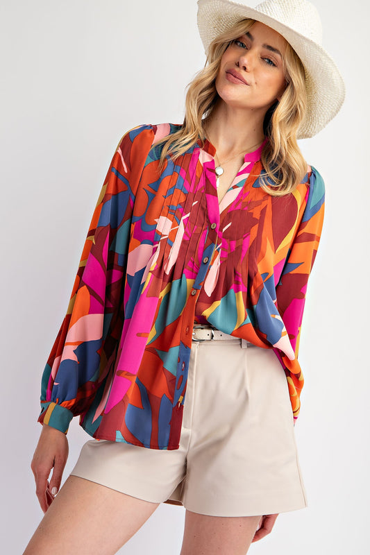 EASEL Printed Sophia Twill Pleated Top