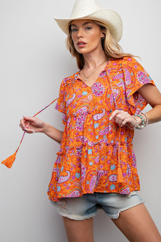 EASEL Printed Poly Linen Woven Top