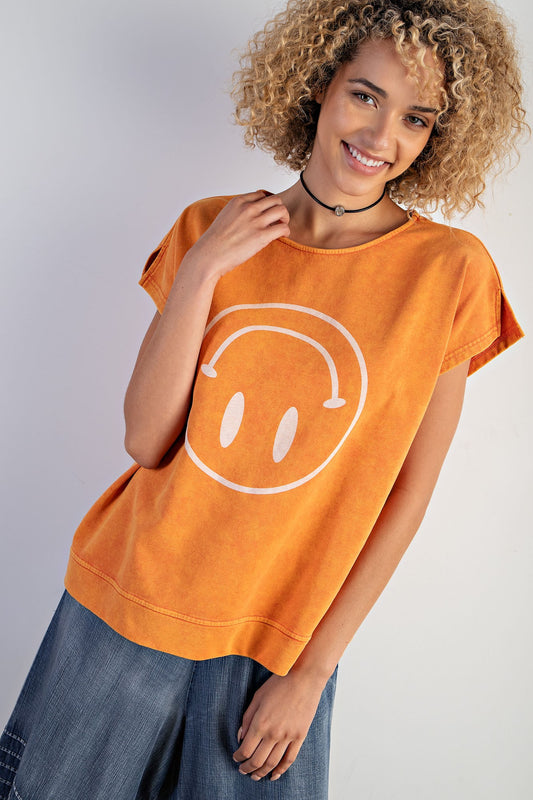 EASEL Upside Down Smiley Washed Cotton Jersey Top