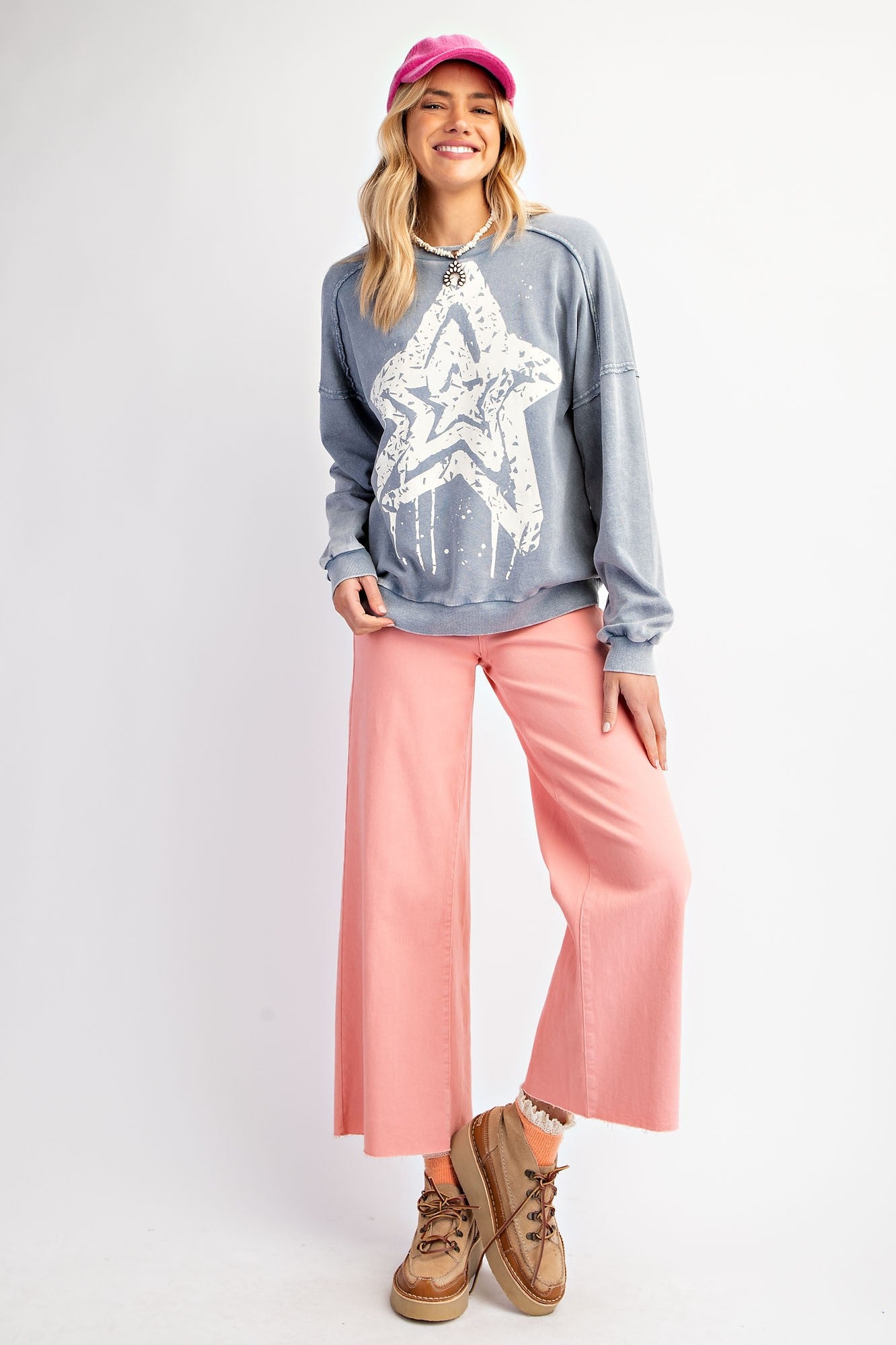 EASEL Star Print Washed Terry Knit Pullover