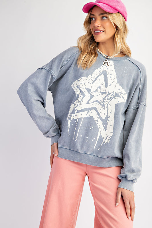 EASEL Star Print Washed Terry Knit Pullover