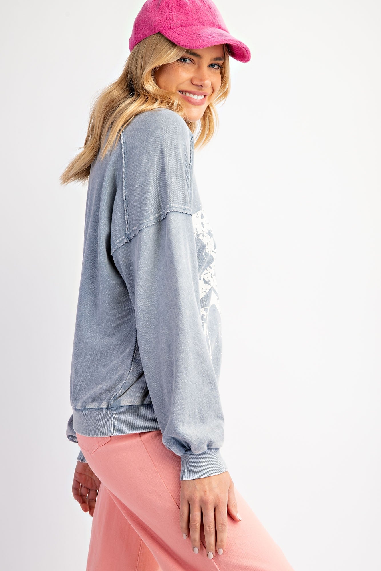 EASEL Star Print Washed Terry Knit Pullover