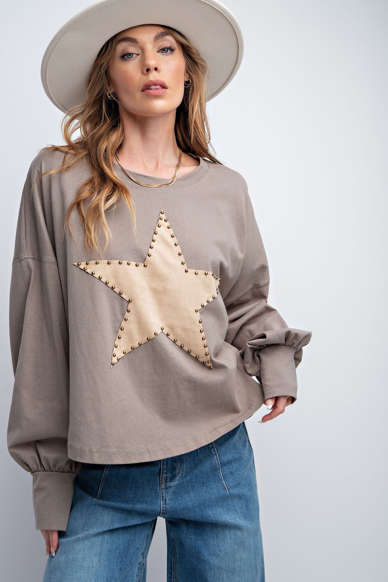 EASEL Suede Star Patch Cotton Jersey Top