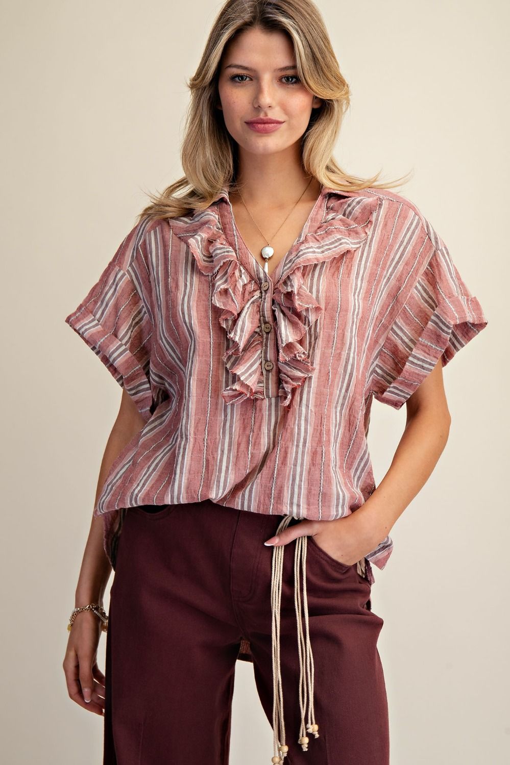 EASEL Crinkle Striped Blouse
