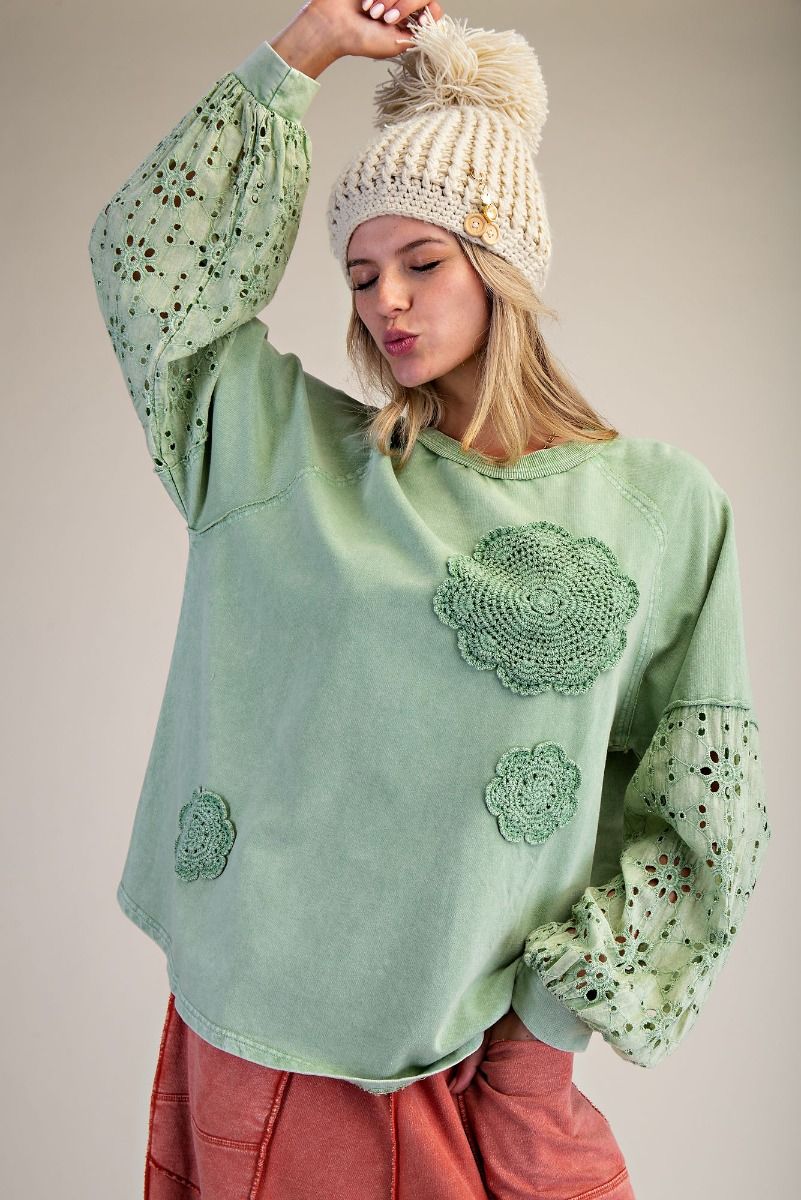 EASEL Eyelet Lace Washed Terry Pullover