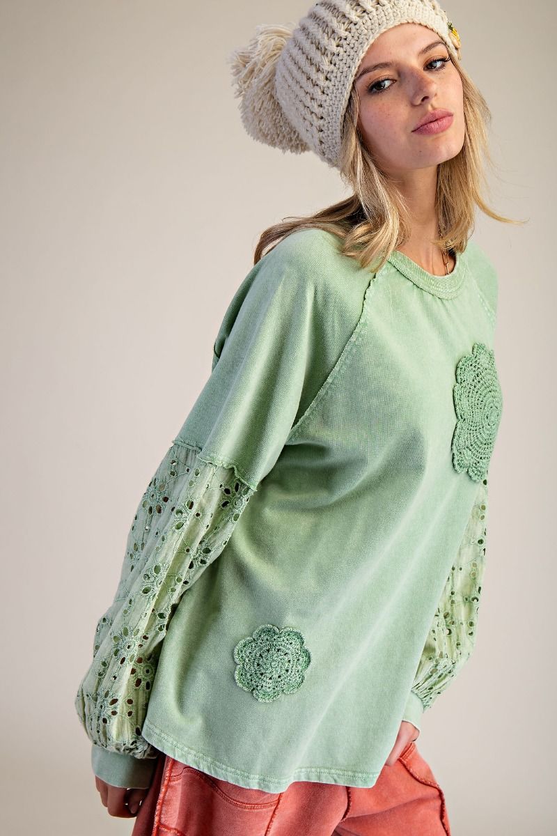 EASEL Eyelet Lace Washed Terry Pullover