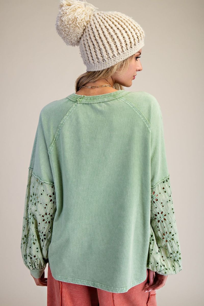 EASEL Eyelet Lace Washed Terry Pullover