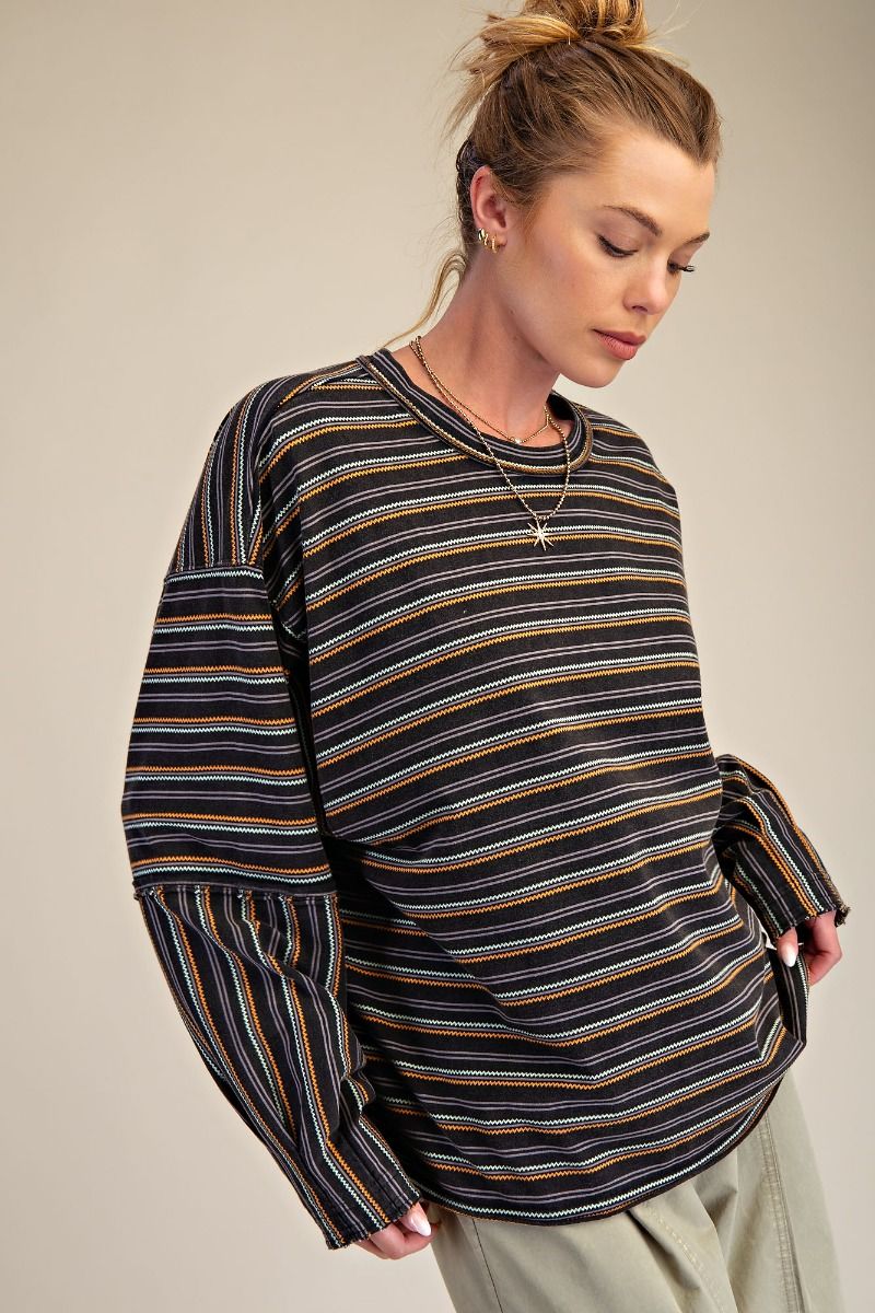 EASEL Striped Mineral Washed Knit Top