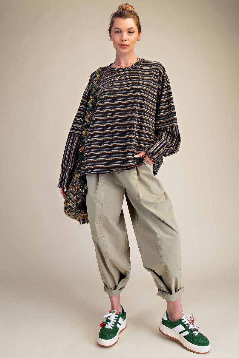 EASEL Striped Mineral Washed Knit Top
