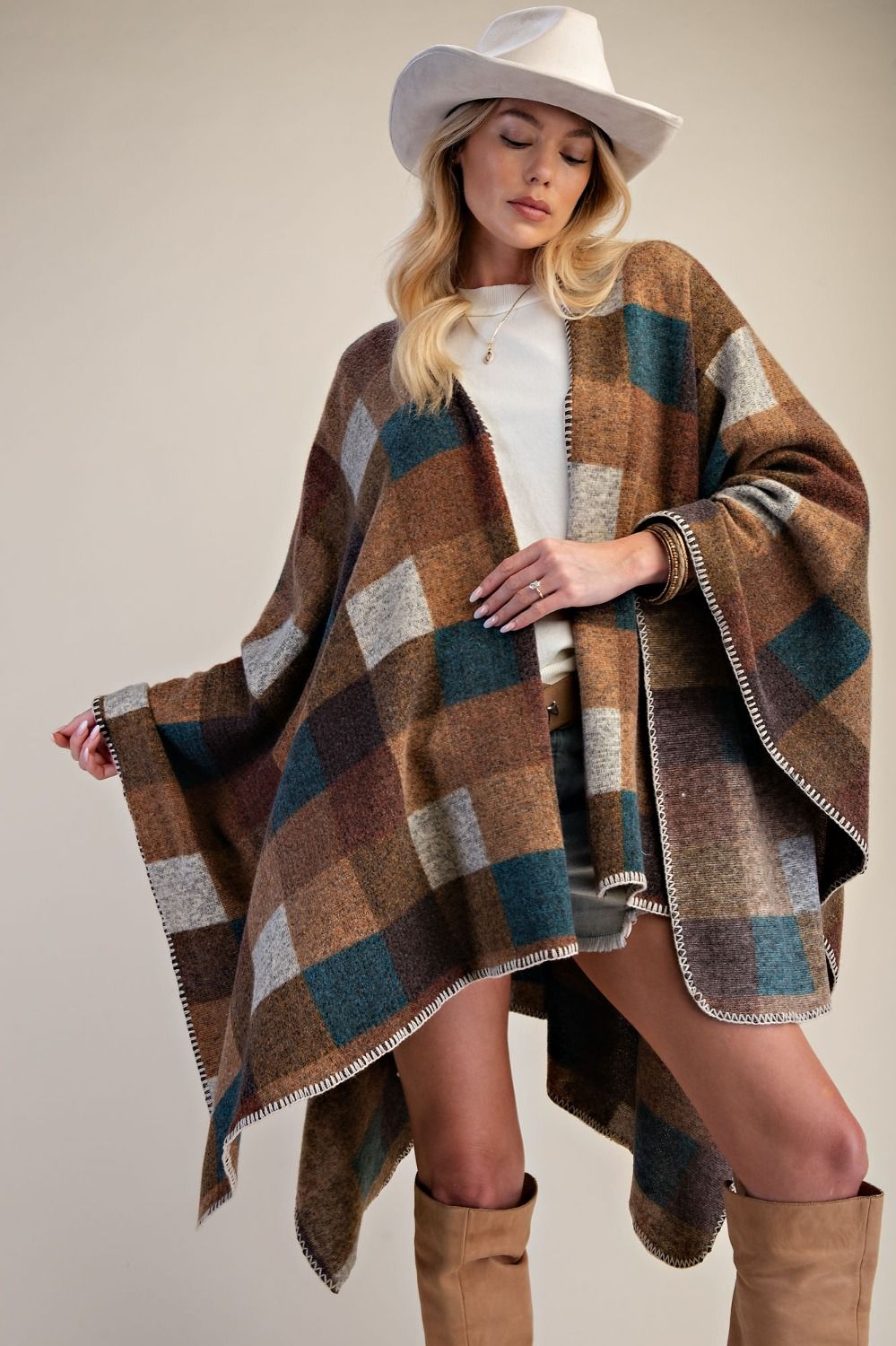EASEL Plaid Pattern Brushed Hacci Oversized Cape