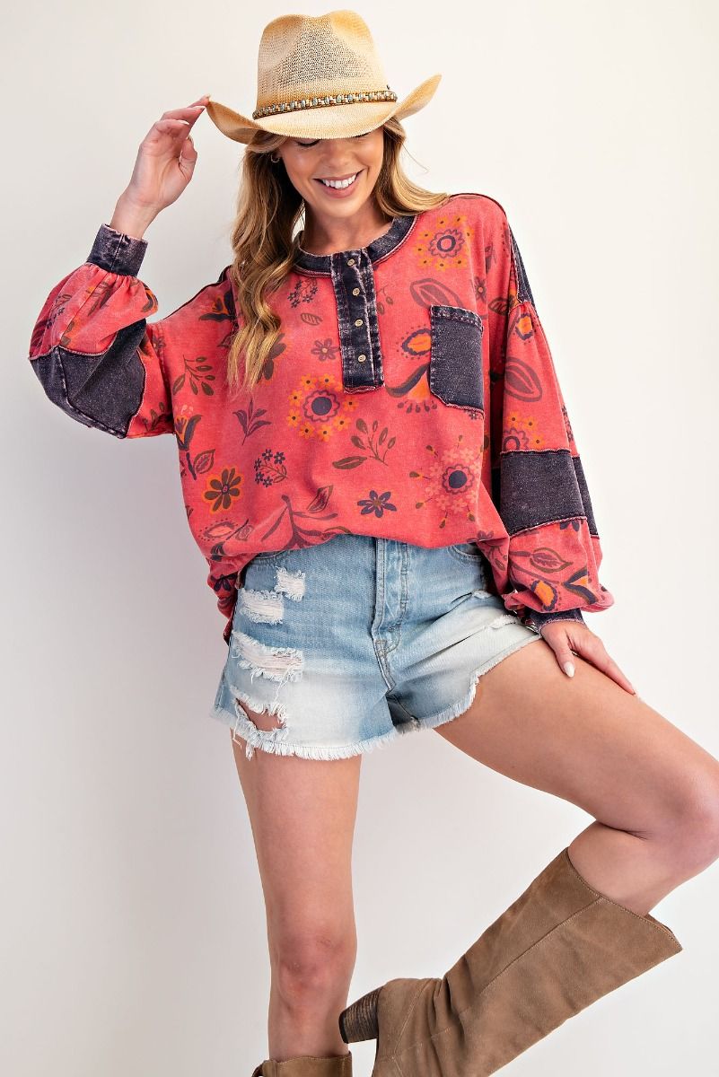 EASEL Floral Print Washed Terry Henley Top