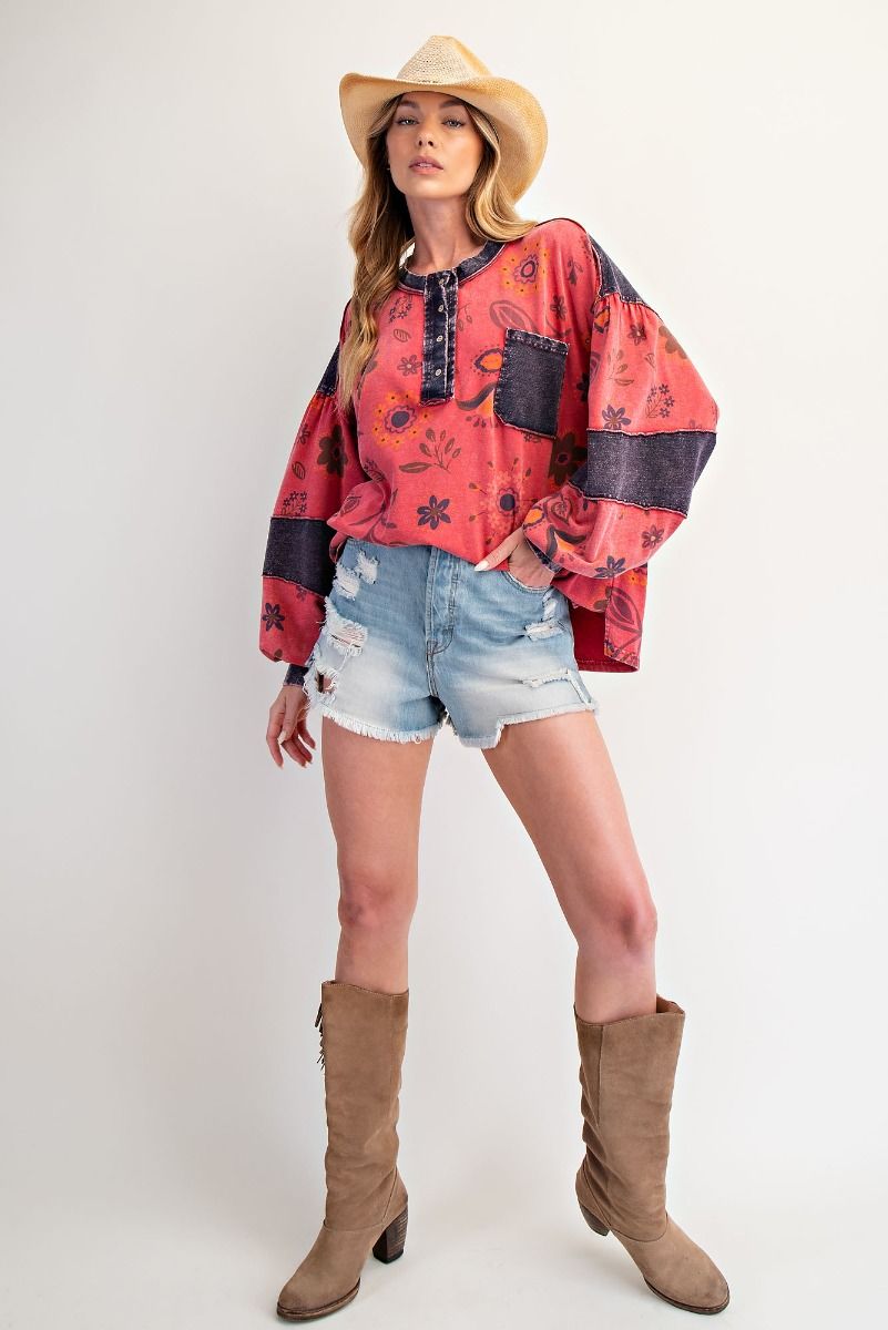 EASEL Floral Print Washed Terry Henley Top