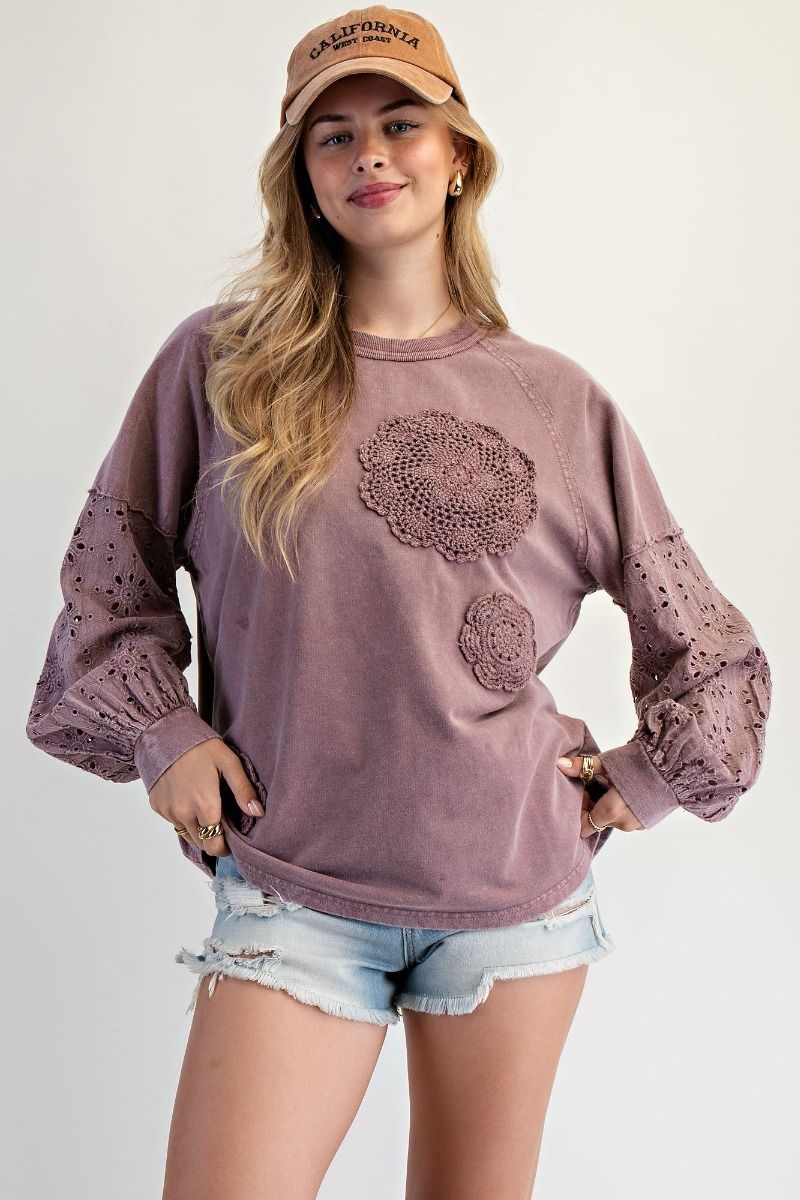EASEL Eyelet Lace Washed Terry Pullover