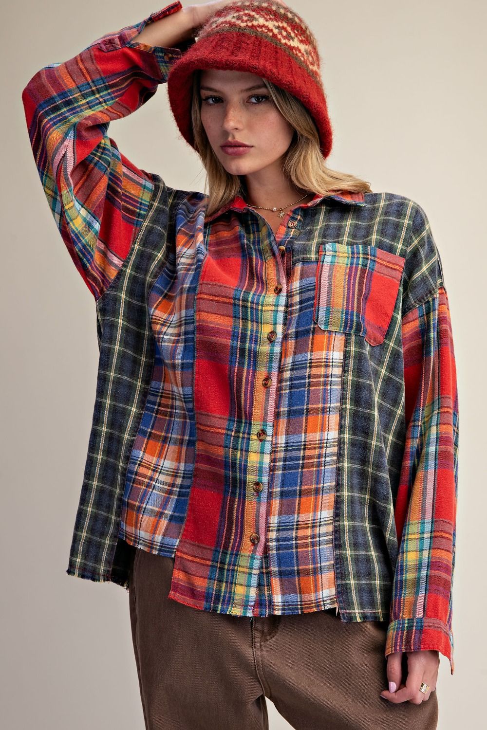 EASEL Plaid Mix Button Down Washed Shirt