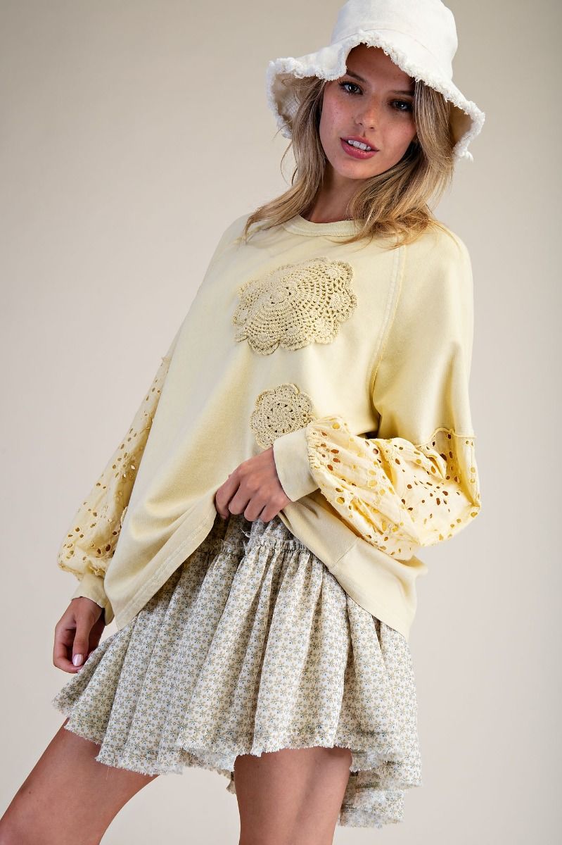 EASEL Eyelet Lace Washed Terry Pullover