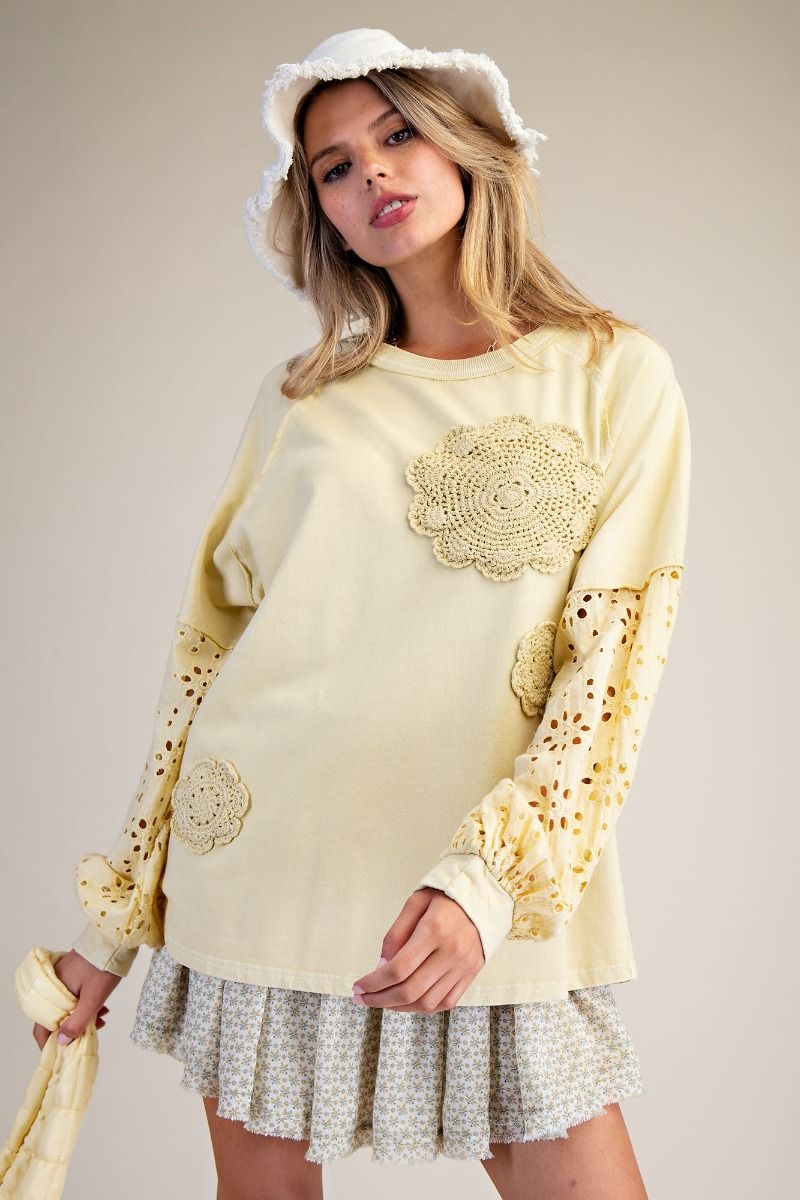 EASEL Eyelet Lace Washed Terry Pullover