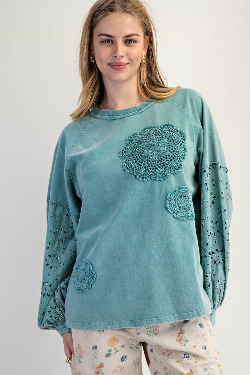 EASEL Eyelet Lace Washed Terry Pullover