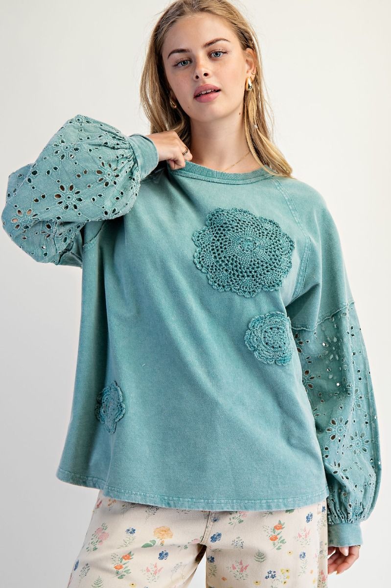 EASEL Eyelet Lace Washed Terry Pullover