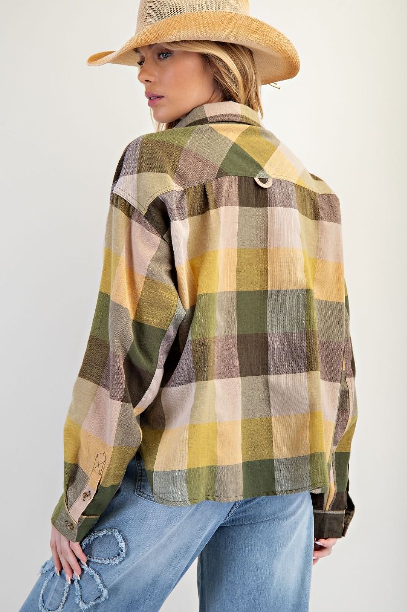 EASEL Plaid Linen Washed Button Down Shirt