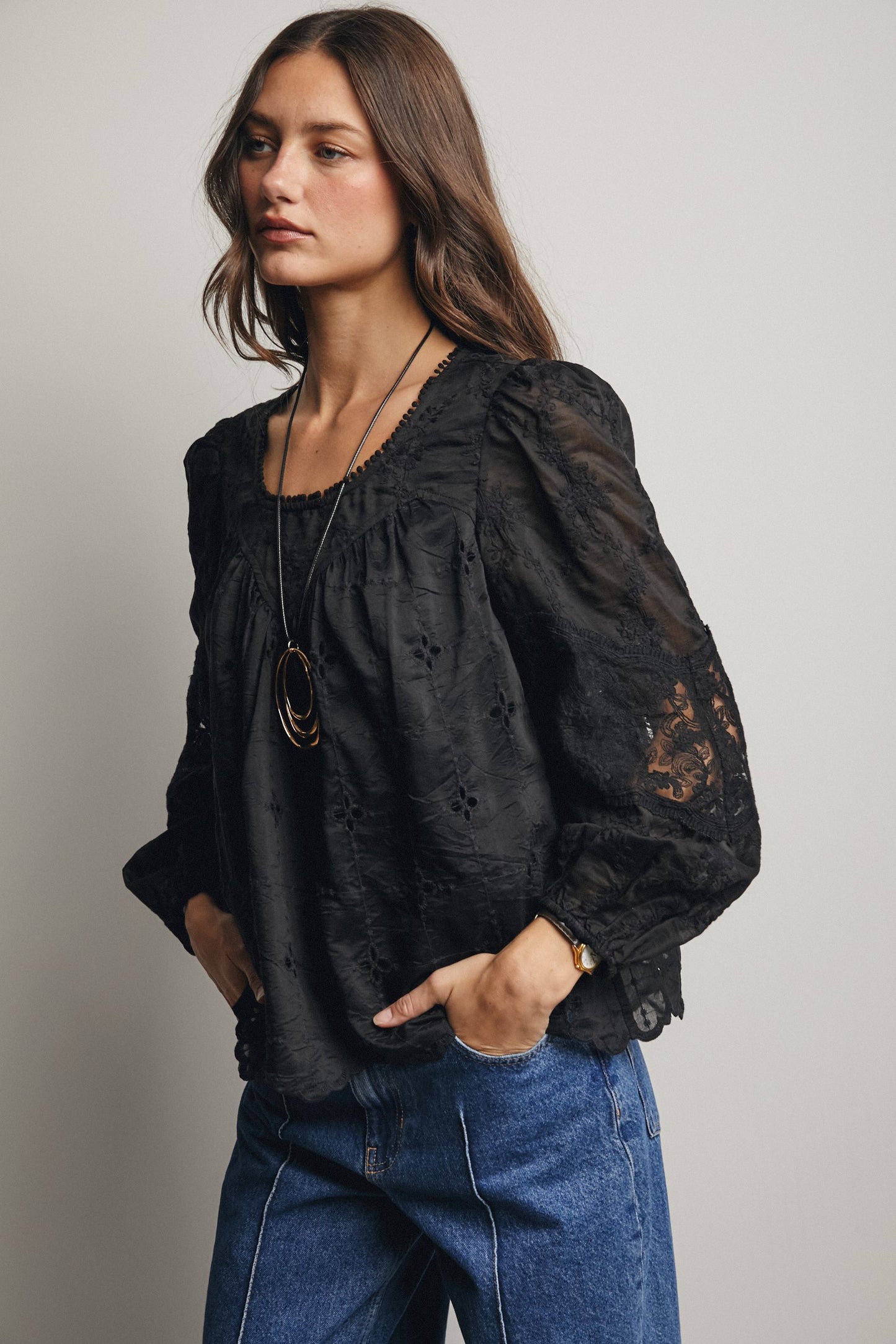 FORTE Embroidered Lace Puff Sleeve Top