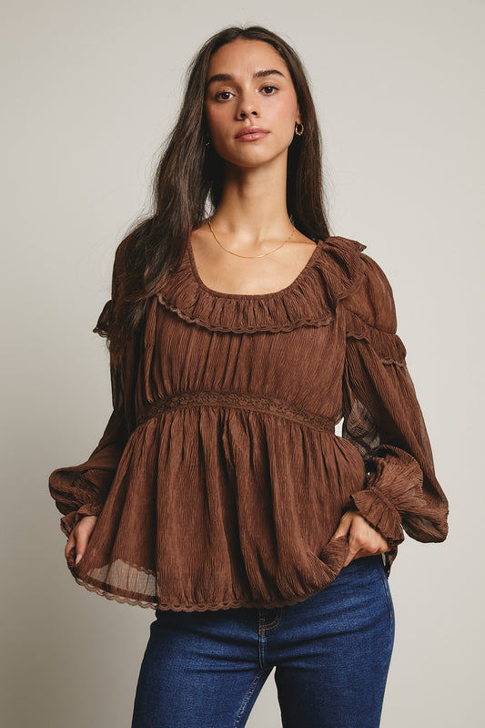 FORTE Ruffled Crinkle Peasant Blouse