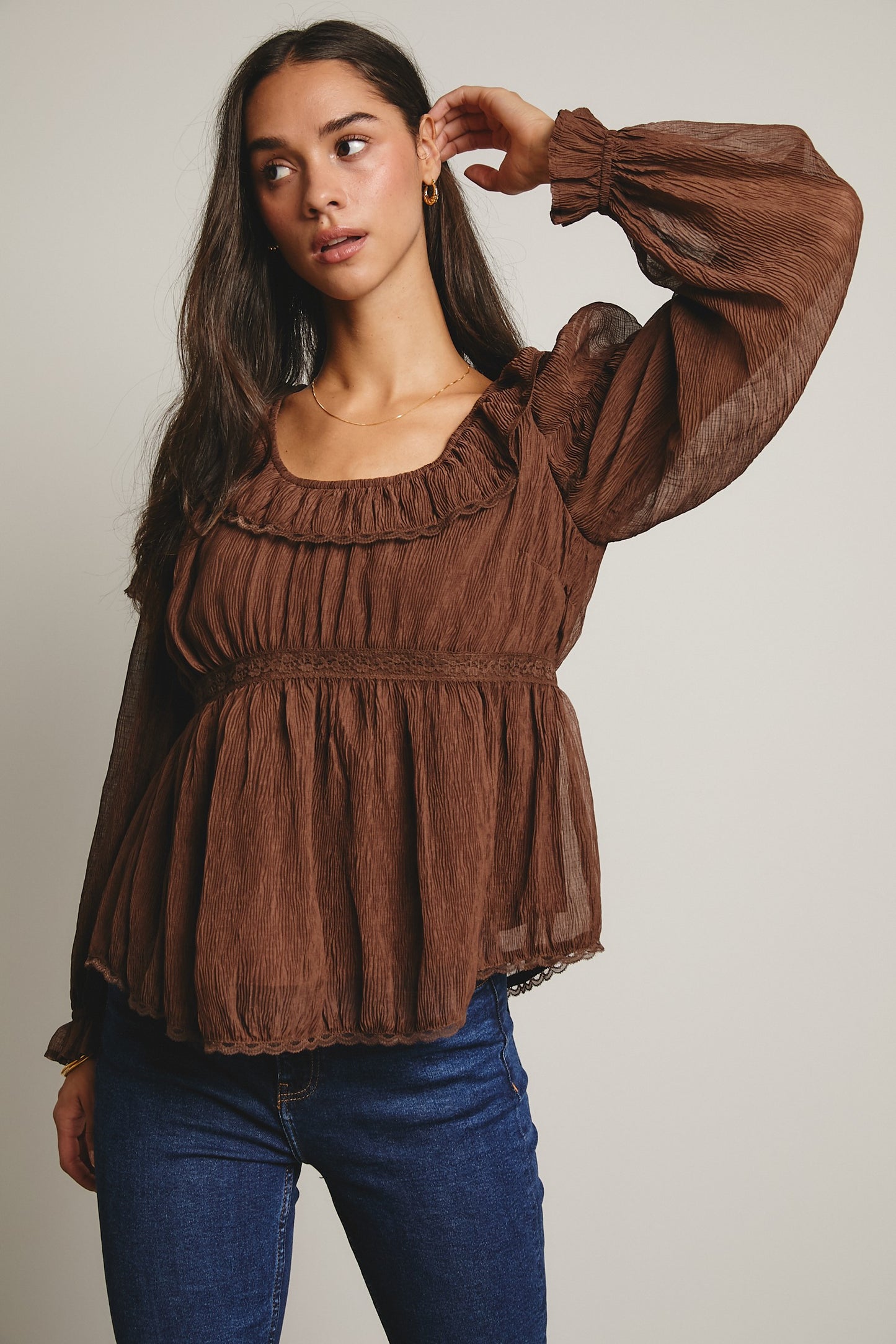 FORTE Ruffled Crinkle Peasant Blouse