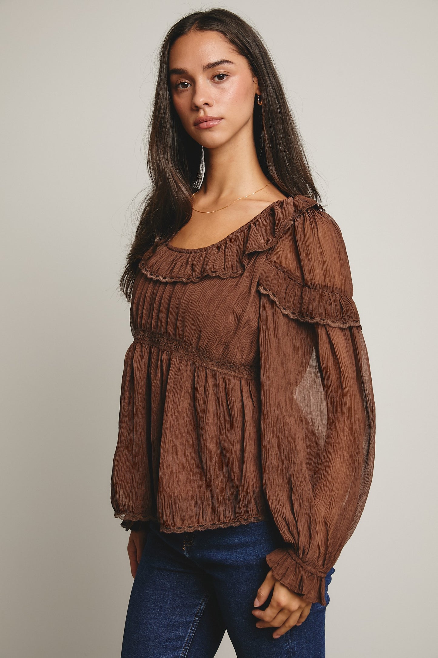 FORTE Ruffled Crinkle Peasant Blouse