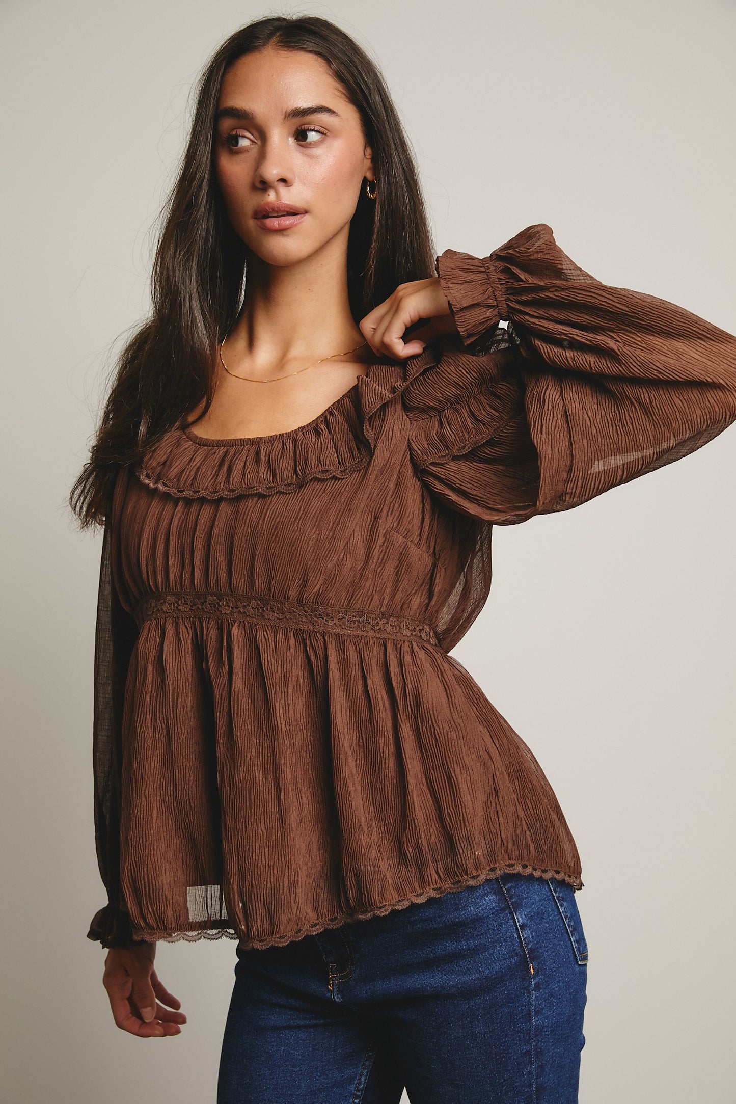 FORTE Ruffled Crinkle Peasant Blouse
