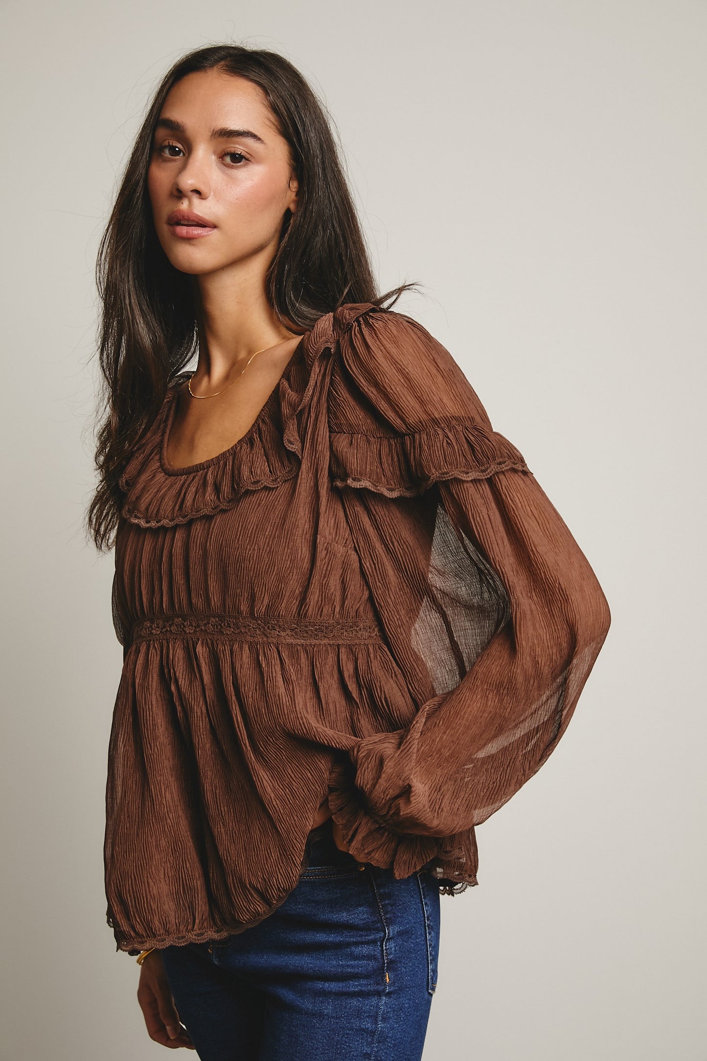 FORTE Ruffled Crinkle Peasant Blouse