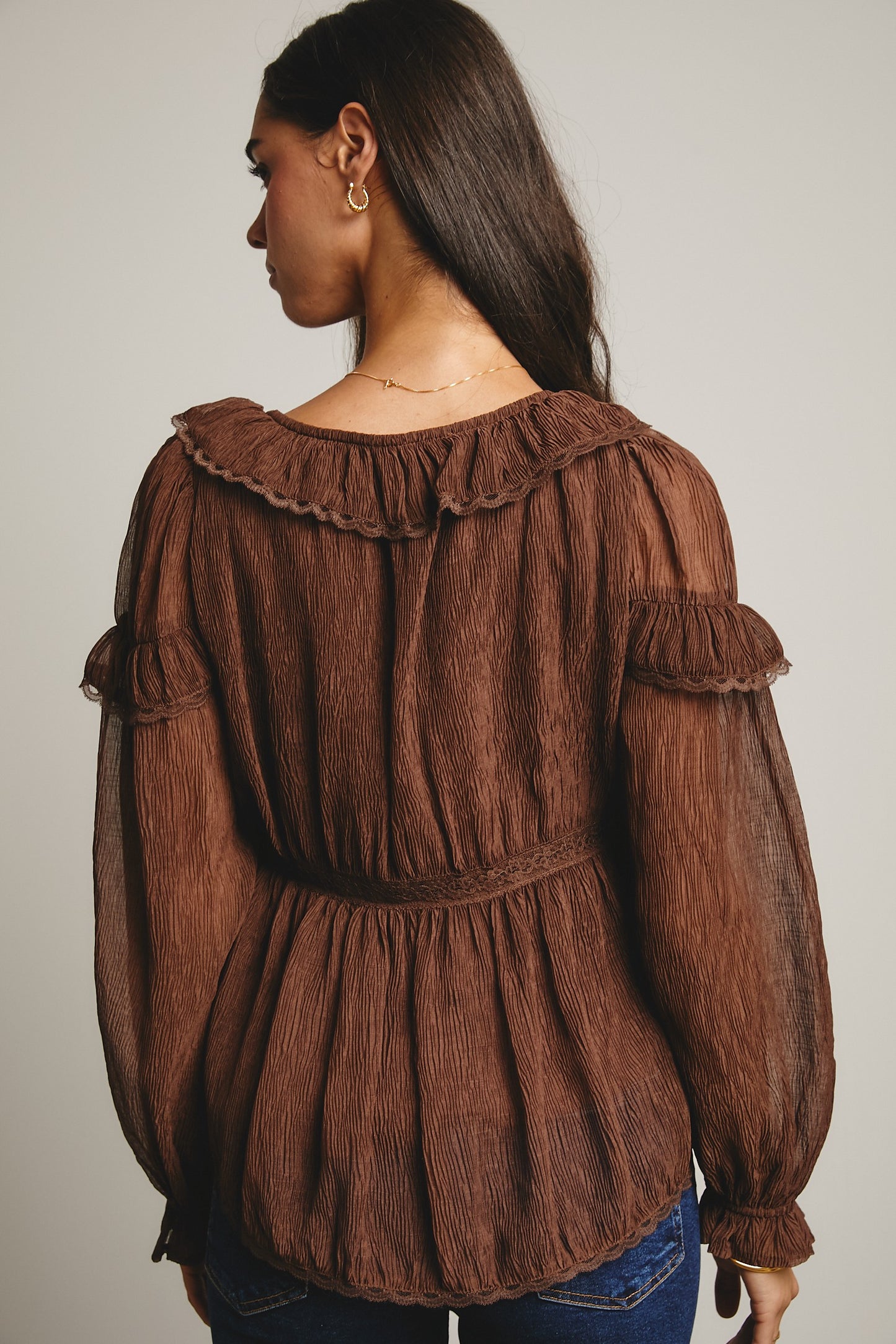FORTE Ruffled Crinkle Peasant Blouse