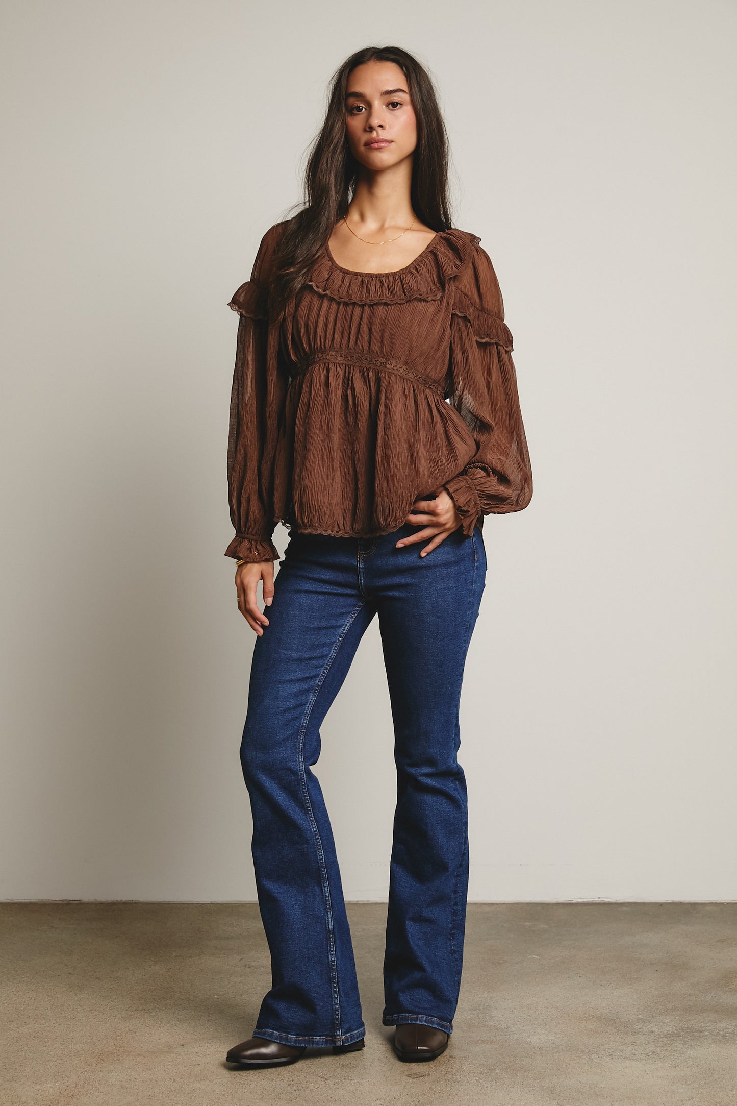 FORTE Ruffled Crinkle Peasant Blouse