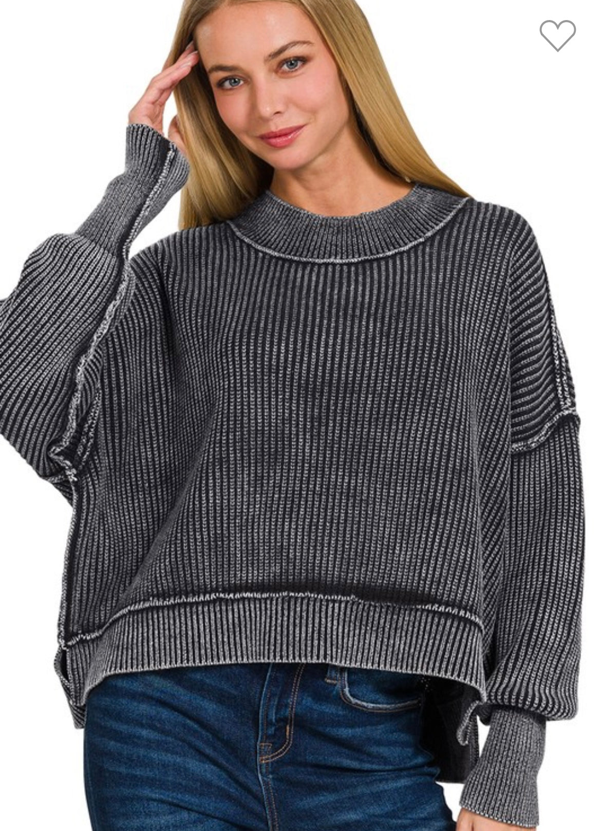 ZENANA Washed Side Slit Oversized Cropped Sweater