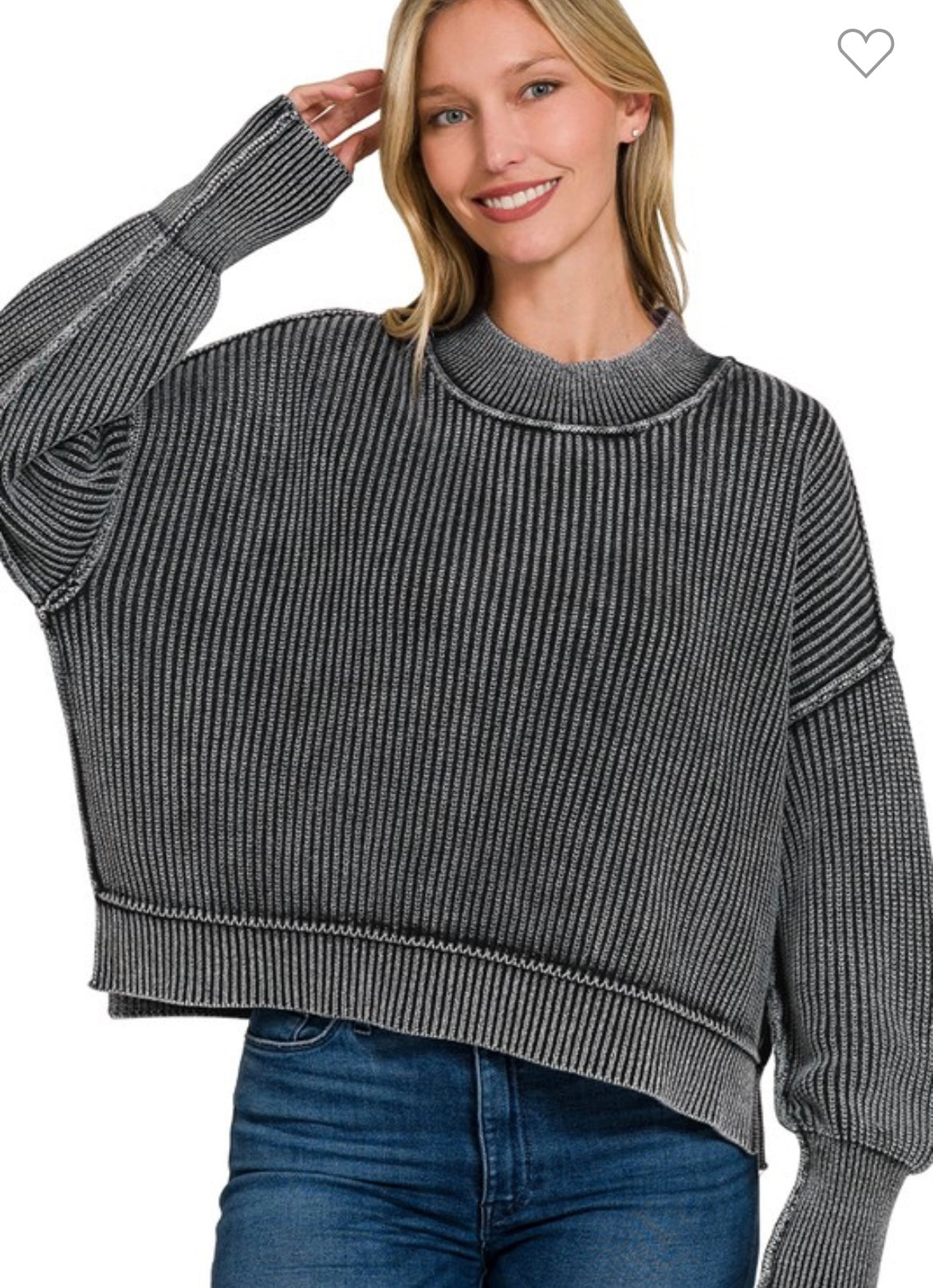 ZENANA Washed Side Slit Oversized Cropped Sweater