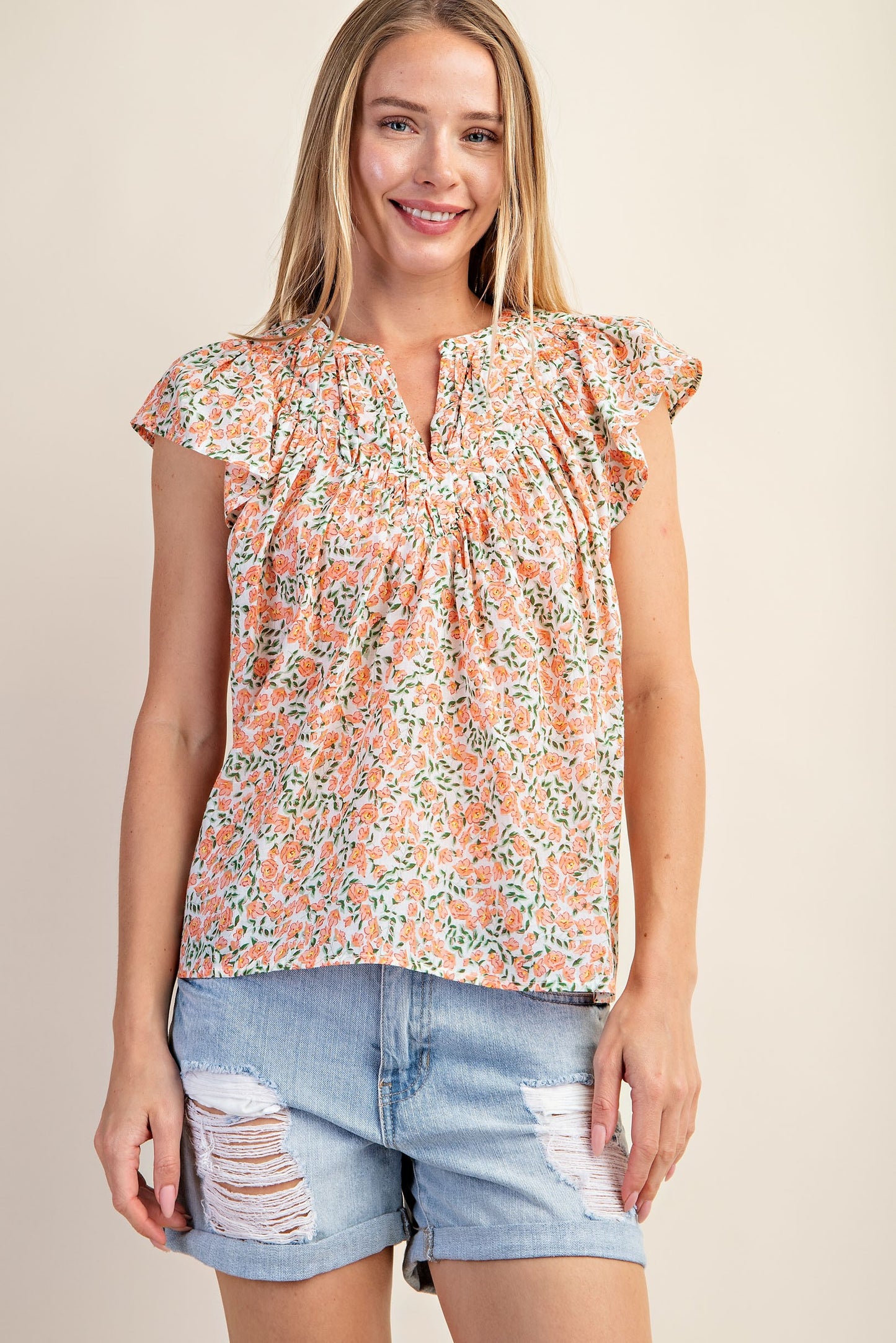 GIGIO Floral Ruffle Sleeve Top