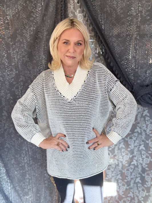 SO ME Oversized Two Tone V Neck Sweater