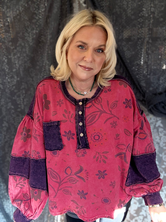 EASEL Floral Print Washed Terry Henley Top