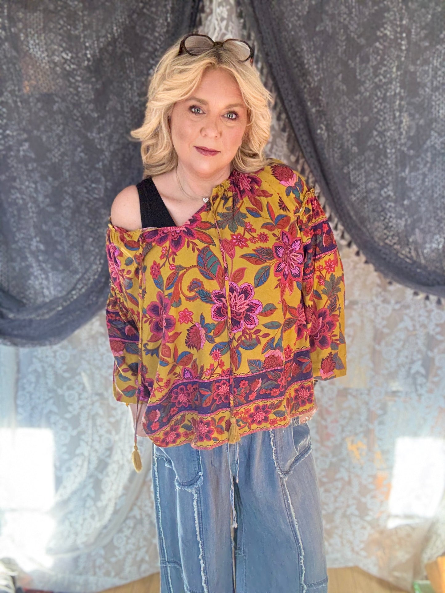 EASEL BOHO Mustard Floral Top Full Size Run