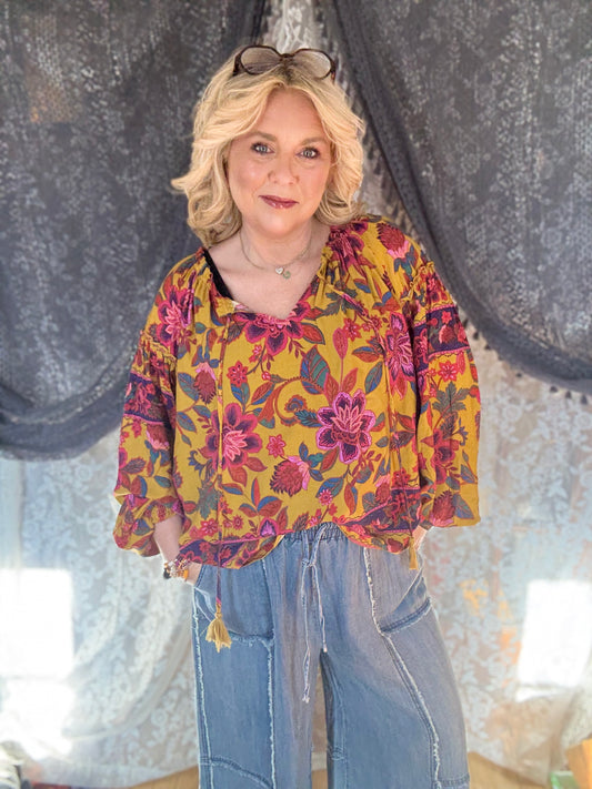 EASEL BOHO Mustard Floral Top Full Size Run