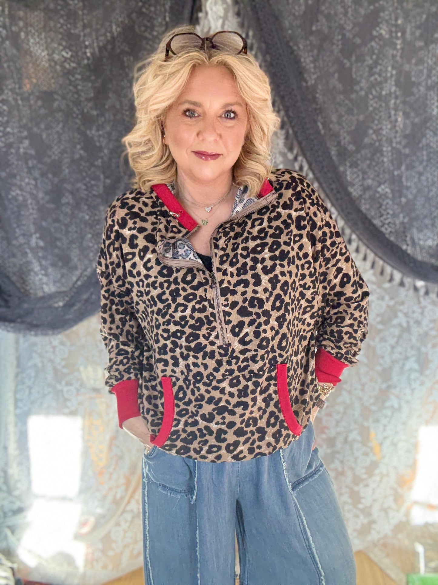LOVLOV Leopard Relaxed Fit Half Zip with Hood