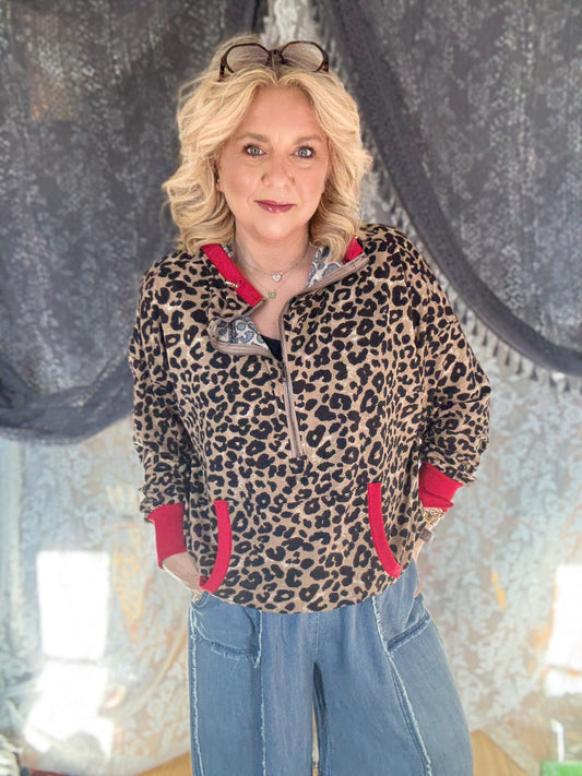 LOVLOV Leopard Relaxed Fit Half Zip with Hood