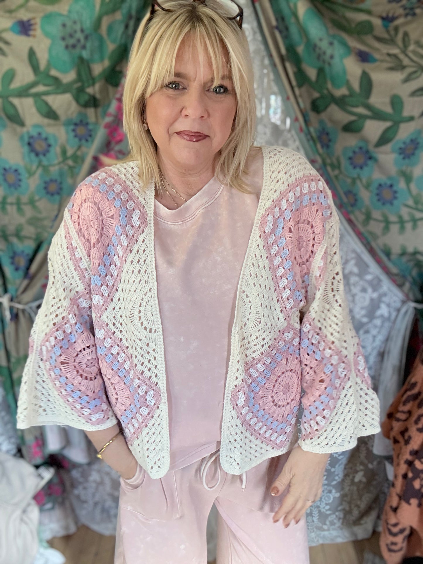 POL Granny Square Crochet Open Cardigan