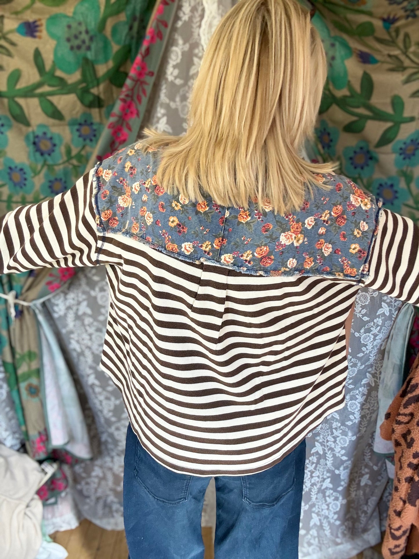 BIBI Cut Edge Floral Denim Waffle Mix and Match Top