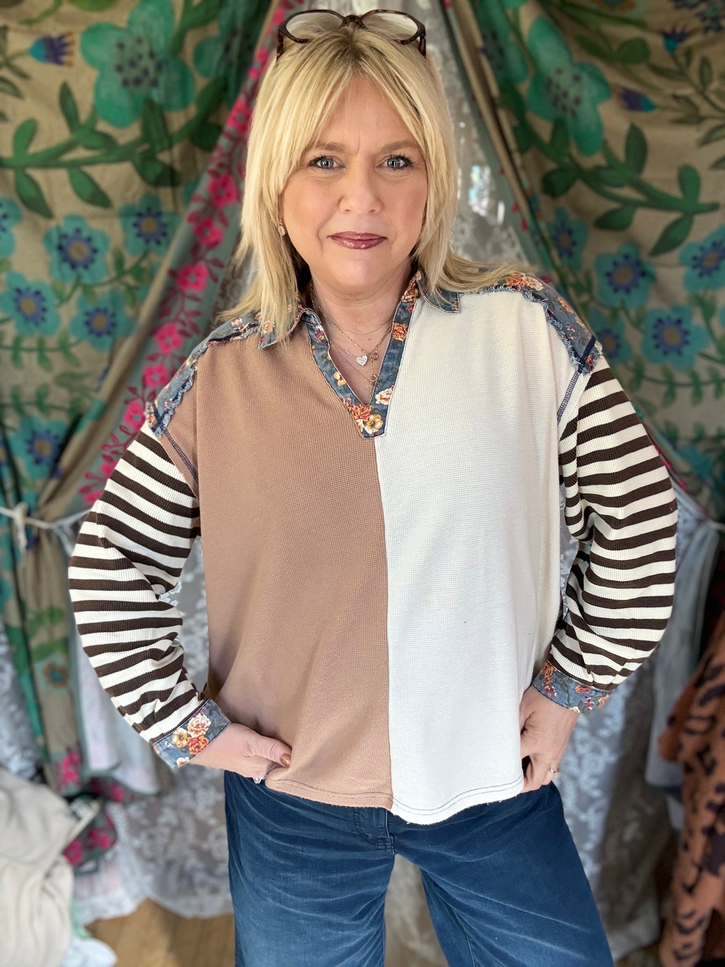 BIBI Cut Edge Floral Denim Waffle Mix and Match Top