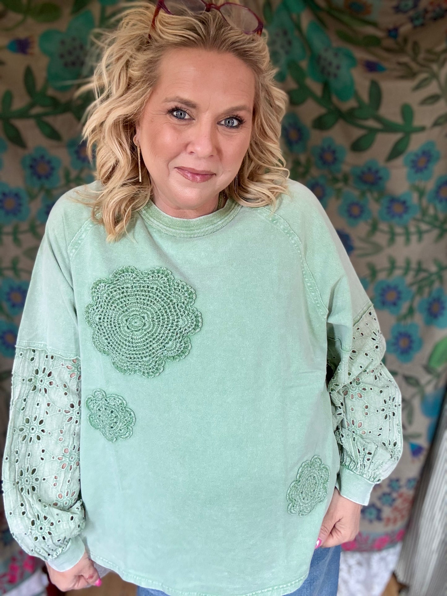 EASEL Eyelet Lace Washed Terry Pullover