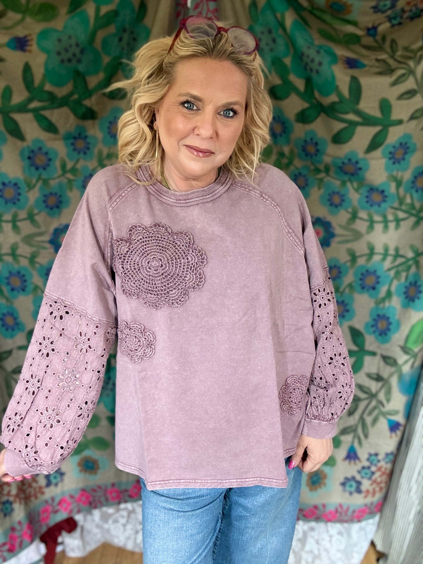 EASEL Eyelet Lace Washed Terry Pullover