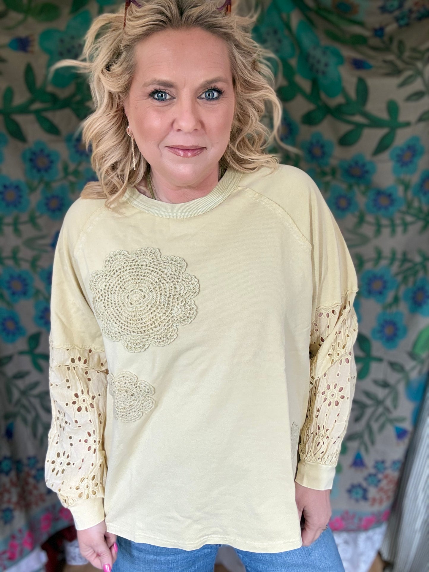 EASEL Eyelet Lace Washed Terry Pullover