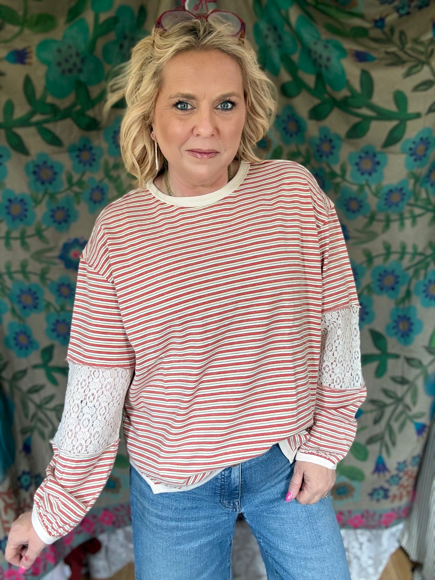 EASEL Coral Taupe Striped Washed Top