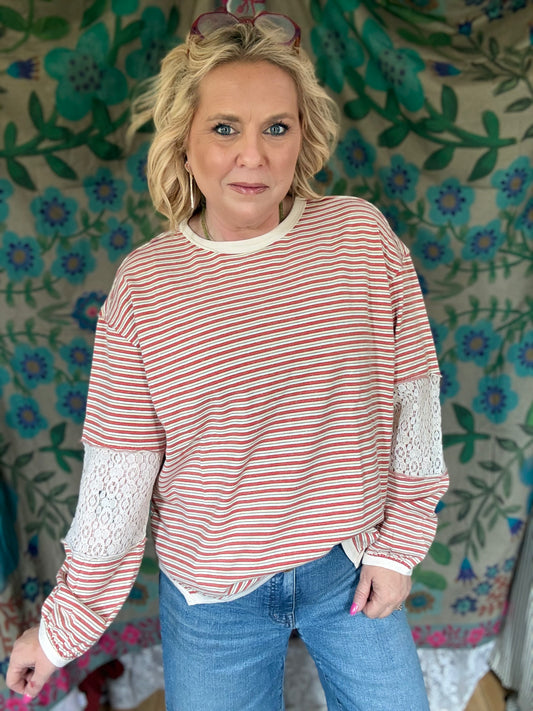 EASEL Coral Taupe Striped Washed Top