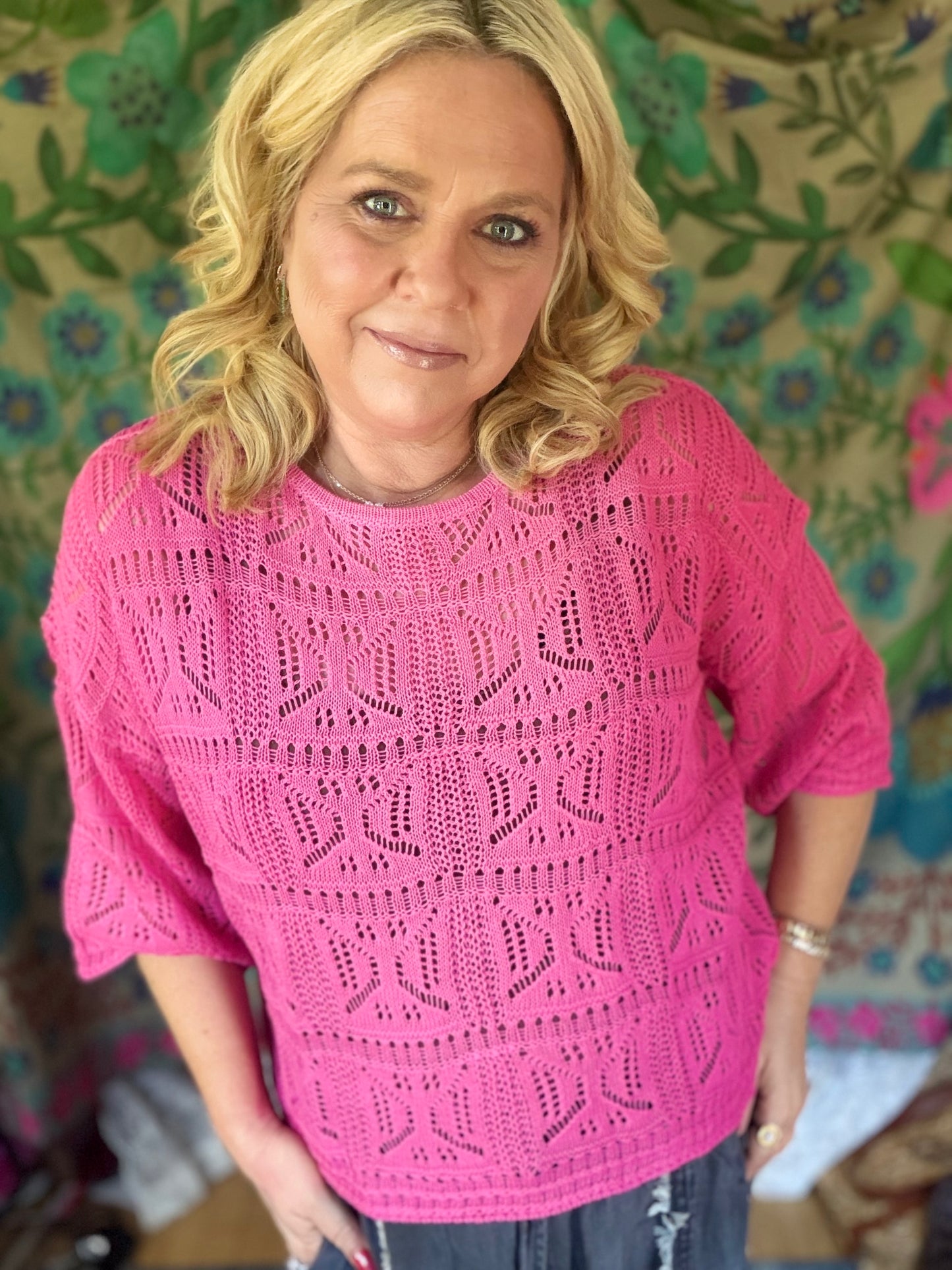 BIBI Round Neck Long Sleeve Pointelle Top