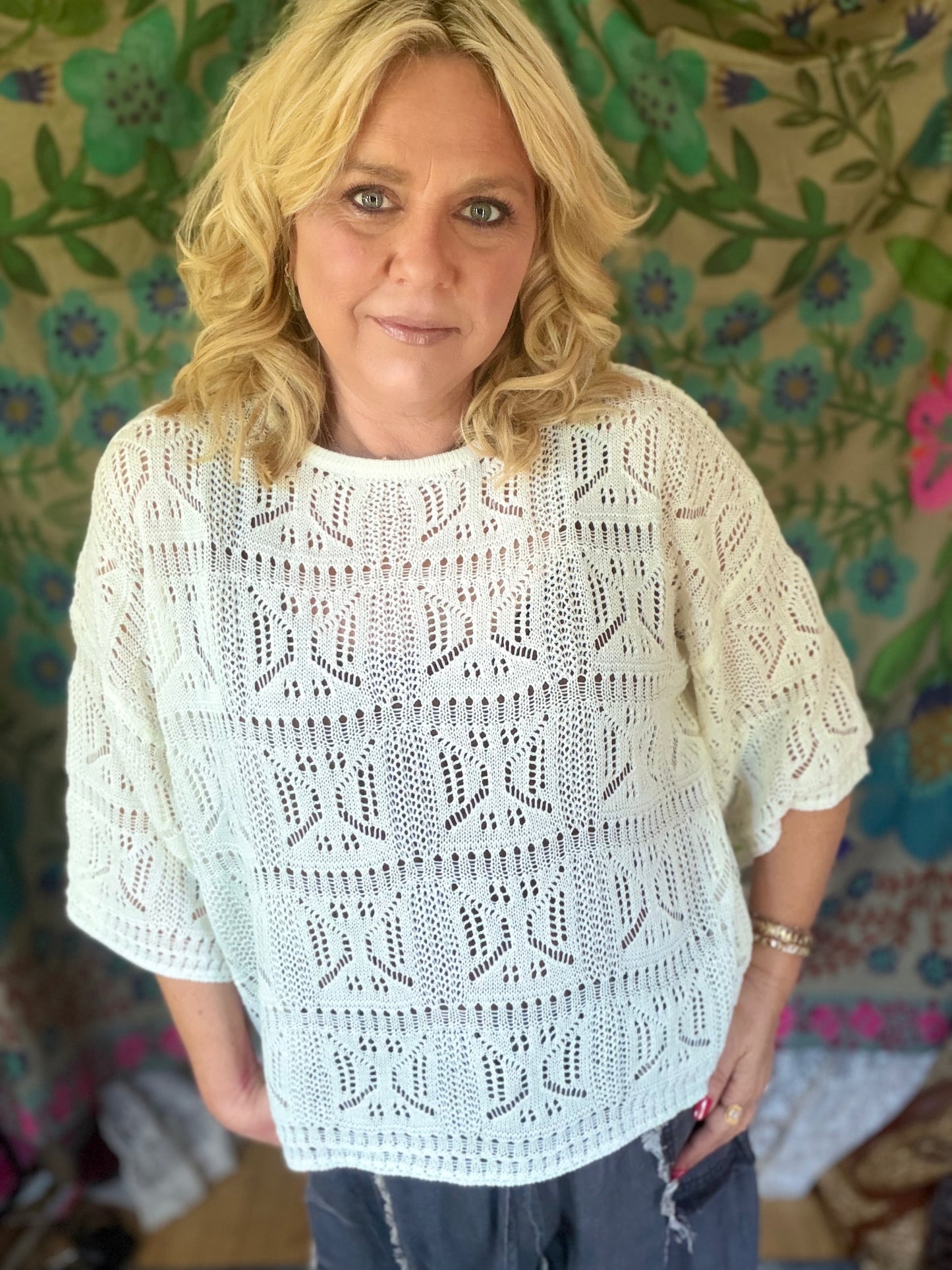 BIBI Round Neck Long Sleeve Pointelle Top